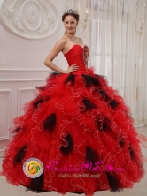 2013 Mixco Guatemala Beautiful Red and Black Quinceanera Dress Ball Gown Sweetheart Orangza Beading and Ruffles Decorate Bodice Elegant Ball Gown Style QDZY474FOR