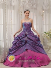 2013 Morales Guatemala Customer Made Appliques Decorate Bodice Informal Purple and Fuchsia Sweet 16 Dress Strapless Taffeta Ball Gown Style QDZY313FOR