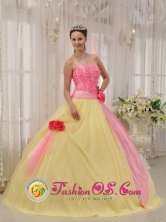 2013 San Miguel Petapa Guatemala Winter Light Yellow and Baby Pink Hand Made Flowers Sweet Quinceanera Dress For Graduation Style QDZY529FOR