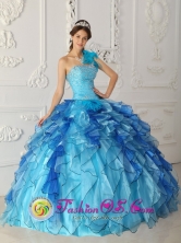 2013 San Pedro Sacatepquez Guatemala Aqua Blue Discount One Shoulder Quinceanera Dress Beading Satin and Organza Ball Gown Style QDZY329FOR
