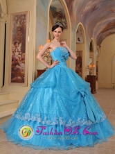 2013 San Sebastian Guatemala Glistening Sequin and Organza With Bows Formal Baby Blue Strapless Quinceanera Dress Ball Gown for Prom Style QDZY447FOR