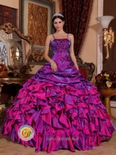 2013 Santa Lucia Cotzumalguapa Guatemala Discount Purple and Fuchsia Ruffled Quinceanera Dress With Embroidery Straps Multi-color Style QDZY062FOR