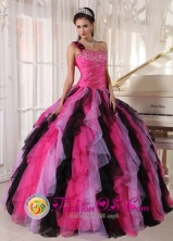 Antigua Guatemala Guatemala Black and Hot Pink One Shoulder With puffy Ruffles For 2013 Quinceanera Dress ball gown Style PDZY502FOR