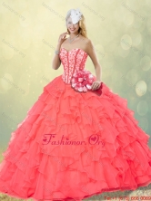 Hot Sale Coral Red Quinceanera Gowns with Beading and Ruffles for 2016 Fall SJQDDT252002-2FOR