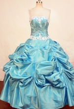 Affordable Ball Gown Strapless Aqua Taffeta Floor-length Appliques Quinceanera dress Style FA-L-246