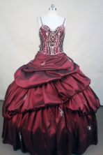  Popular ball gown straps sweetheart-neck floor-length taffeta wine red appliques with beading quinceanera dresses FA-X-099