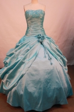 Affordable Ball Gown Strapless Floor-length Teal Taffeta Beading Quinceanera dress Style FA-L-073