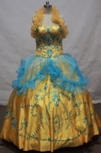 Exclusive Ball Gown Halter Top Floor-length Yellow Embroidery Quinceanera dress Style FA-L-085
