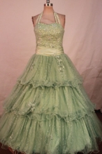 Modest Ball Gown Halter Top Floor-length Olive Green Organza Beading Quinceanera dress Style FA-L-30