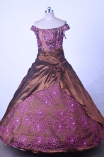 Modest Ball Gown Off The ShoulderFloor-length Brown TaffetaEmbroideryQuinceanera dress Style FA-L-05