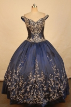 Romantic Ball Gown Off The Shoulder Floor-length Navy Blue Satin Quinceanera dress Style LJ42487