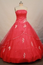 Romantic Ball Gown Strapless Floor-length Red Organza Appliques Quinceanera dress Style FA-L-095