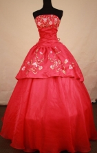 Fashionable Ball Gown Strapless Floor-length Red Satin Embroidery Quinceanera dress Style FA-L-275