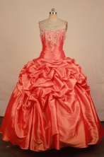 Wonderful Ball Gown Strap Floor-length Orange Red Taffeta Beading Quinceanera dress Style FA-L-230