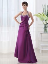  Purple Lace Up Halter Top Beading and Ruching Prom Dresses Satin Sleeveless