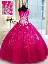 Custom Fit One Shoulder Hot Pink Sleeveless Tulle and Sequined Lace Up 15th Birthday Dress for Military Ball and Sweet 16 and Quinceanera