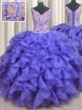 Designer Blue Lace Up V-neck Appliques and Ruffles Quinceanera Gowns Organza Sleeveless