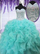 Vintage Aqua Blue Ball Gowns Ruffles and Sequins Quinceanera Dress Lace Up Organza Sleeveless Floor Length