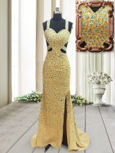 Cheap Brush Train Column/Sheath Dress for Prom Gold Straps Chiffon Sleeveless Backless