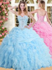 Luxurious Baby Blue Lace Up Sweetheart Beading and Appliques and Ruffles and Pick Ups 15th Birthday Dress Tulle Sleeveless
