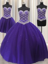  Three Piece Sequins Ball Gowns Sweet 16 Dress Purple Sweetheart Tulle Sleeveless Floor Length Lace Up