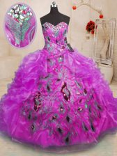 Elegant Purple Organza Zipper Sweetheart Sleeveless Floor Length Quinceanera Dresses Beading and Appliques and Ruffles
