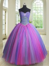 New Arrival Sleeveless Tulle Floor Length Lace Up Vestidos de Quinceanera in Multi-color with Beading