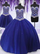 Perfect Three Piece Floor Length Lace Up Sweet 16 Dresses Royal Blue for Military Ball and Sweet 16 and Quinceanera with Beading