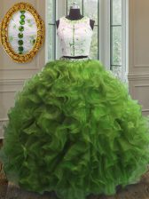 Luxurious Clasp Handle Scoop Sleeveless Ball Gown Prom Dress Floor Length Appliques and Ruffles Green Organza