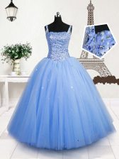 Custom Fit Baby Blue Lace Up Straps Beading and Sequins Party Dress Tulle Sleeveless
