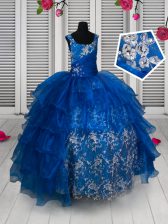  Royal Blue Scoop Lace Up Beading and Lace and Ruffled Layers Kids Pageant Dress Sleeveless
