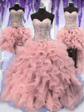  Four Piece Sleeveless Organza Floor Length Lace Up Ball Gown Prom Dress in Pink with Ruffles and Sequins