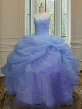Sophisticated Floor Length Blue Sweet 16 Dress Organza Sleeveless Embroidery and Pick Ups