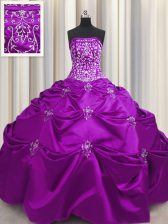 High End Floor Length Eggplant Purple Sweet 16 Dress Taffeta Sleeveless Beading and Appliques and Embroidery
