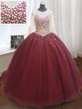  Scoop Long Sleeves Quinceanera Dresses Court Train Beading and Sequins Wine Red Tulle