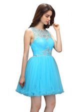  Scoop Sleeveless Prom Gown Mini Length Beading Aqua Blue Organza