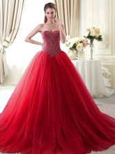 Cheap Sleeveless With Train Beading Lace Up Sweet 16 Dresses with Red Brush Train