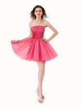Classical Hot Pink A-line Beading Prom Dress Lace Up Organza Sleeveless Knee Length