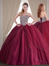 Custom Made Sleeveless With Train Beading Lace Up 15 Quinceanera Dress with Burgundy Brush Train