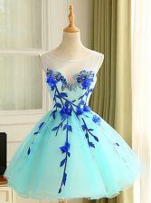  Scoop Mini Length Blue Prom Evening Gown Organza Sleeveless Beading and Appliques