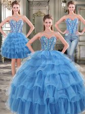  Three Piece Sweetheart Sleeveless Sweet 16 Quinceanera Dress Floor Length Beading and Ruffled Layers Blue Organza
