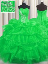  Green Organza Lace Up 15 Quinceanera Dress Sleeveless Floor Length Beading and Ruffled Layers and Pick Ups