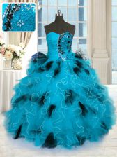 Smart Sleeveless Tulle Floor Length Lace Up Sweet 16 Dress in Blue And Black with Beading and Ruffles