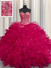 Smart See Through Ball Gowns Sweet 16 Dresses Coral Red Sweetheart Organza Sleeveless Floor Length Lace Up