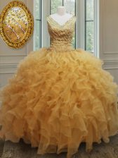Attractive Sleeveless Organza Floor Length Zipper Sweet 16 Quinceanera Dress in Gold with Beading and Ruffles