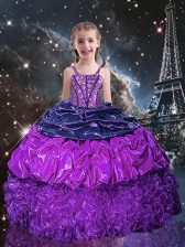  Eggplant Purple Pageant Gowns For Girls Party and Wedding Party with Beading and Ruffles and Pick Ups Spaghetti Straps Sleeveless Lace Up