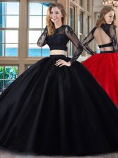 Admirable Scoop Black and Red Long Sleeves Floor Length Appliques Backless Vestidos de Quinceanera