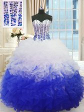 Best Selling Blue And White Ball Gowns Beading and Ruffles Ball Gown Prom Dress Lace Up Organza Sleeveless Floor Length