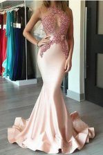  Mermaid Scoop Peach Sleeveless With Train Beading Zipper Dress for Prom