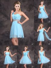 Edgy Baby Blue Chiffon Zipper Quinceanera Dama Dress Sleeveless Mini Length Ruffles and Sequins and Ruching and Bowknot and Hand Made Flower